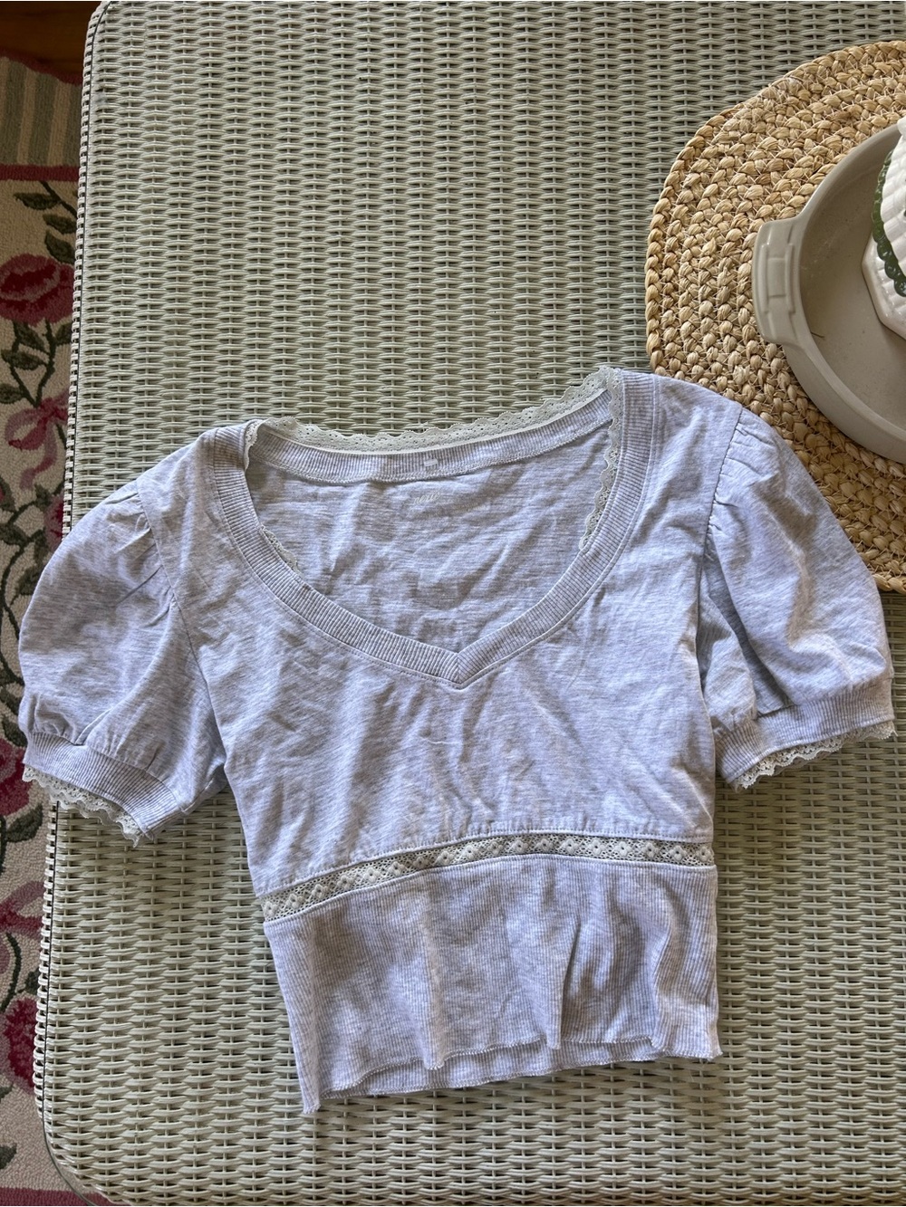 aerie Light Gray V-Neck Cropped Top with Lace Trim